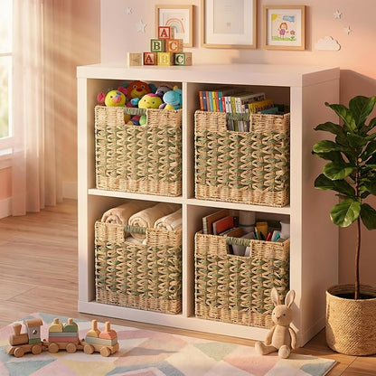 12x12 Cube Storage Bins 4-Pack - Foldable Paper Rope Organizer Baskets for 13-Inch Shelves, Heavy Duty 15-Lb Capacity for Nursery Toys & Closet
