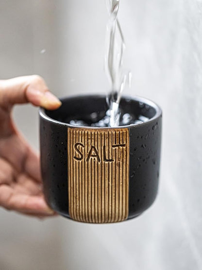 Salt Container for Countertop, Ceramic Salt Cellar with Lid & Spoon, Farmhouse Salt Bowl for Mother's Day, 10 OZ, Black