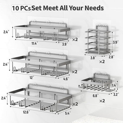 Liuoud 10 Pack Shower Caddy Organizer Rack Shelf for Inside Shower, Self Adhesive Wall Storage Basket Rustproof Stainless Steel Shampoo Holder Bathroom Accessory Decor Set, Grey