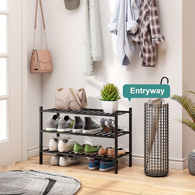 viewcare 3-Tier Black Bamboo Shoe Rack for Entryway, Stackable | Foldable | Natural, Shoe Shelf Storage Organizer for Hallway Closet, Free Standing Shoe Racks for Indoor Outdoor