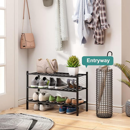 viewcare 3-Tier Black Bamboo Shoe Rack for Entryway, Stackable | Foldable | Natural, Shoe Shelf Storage Organizer for Hallway Closet, Free Standing Shoe Racks for Indoor Outdoor