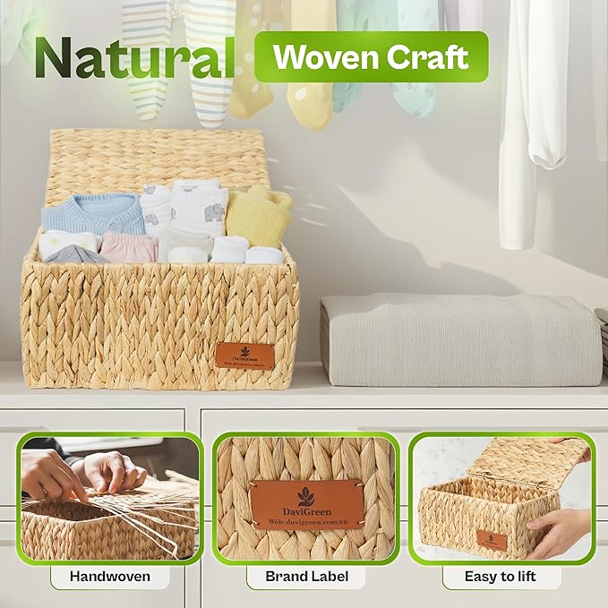 Storage Baskets with Lids, Set of 3 Wicker Baskets with Lids, Water Hyacinth Storage Basket with Lid, Decorative Woven Storage Baskets for Closet, Shelf & Home Organization