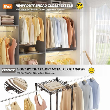 iSunirm 8FT Closet System with Shelves, 96'' Closet Organizer System with 3 Hanging Rods, Wall Mount Bedroom Wardrobe Walk-in Closet, Adjustable Cloth Garment Rack from 5 to 8FT (Cut to Fit), Grey