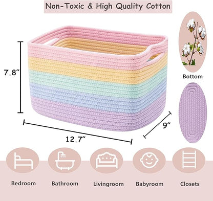 Set of 4 Rainbow Rope Basket for Shelves Woven Rectangle Storage Basket Bins for Nursery Toy Storage for Baby Girl