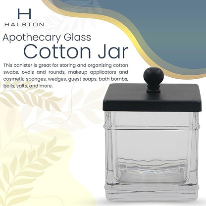 Clear Transparent Hotel Style Apothecary Tempered Glass Canister Jar W/ Matte Black Metal Lid Cover, Classic Countertop Organizer for Cotton balls/pads, Floss Picks, Makeup Storage