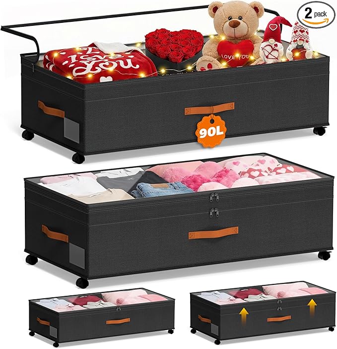 Under Bed Storage with Wheels, 35.5 inches Underbed Storage Large Capacity Under Bed Rolling Containers, 2 Pack Under the Bed Storage for Clothes, Shoes, Blankets (Deep Black)