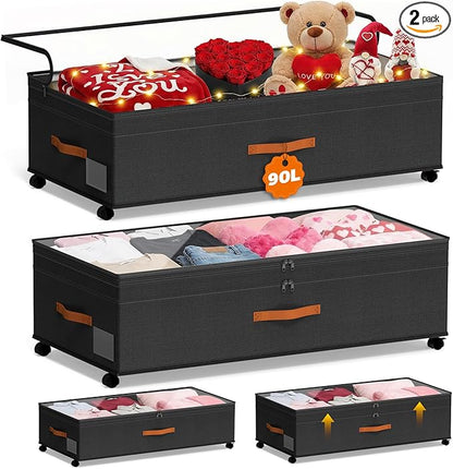 Under Bed Storage with Wheels, 35.5 inches Underbed Storage Large Capacity Under Bed Rolling Containers, 2 Pack Under the Bed Storage for Clothes, Shoes, Blankets (Deep Black)