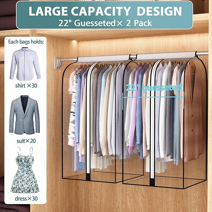 Liuoud 22” Gusseted Garment Bags for Hanging Clothes, All Clear Clothes Cover for Closet Storage, Wardrobe Coat Protector for Suit, Shirt Dress, Bottom Enclosed, 2 Pack, 40” Long
