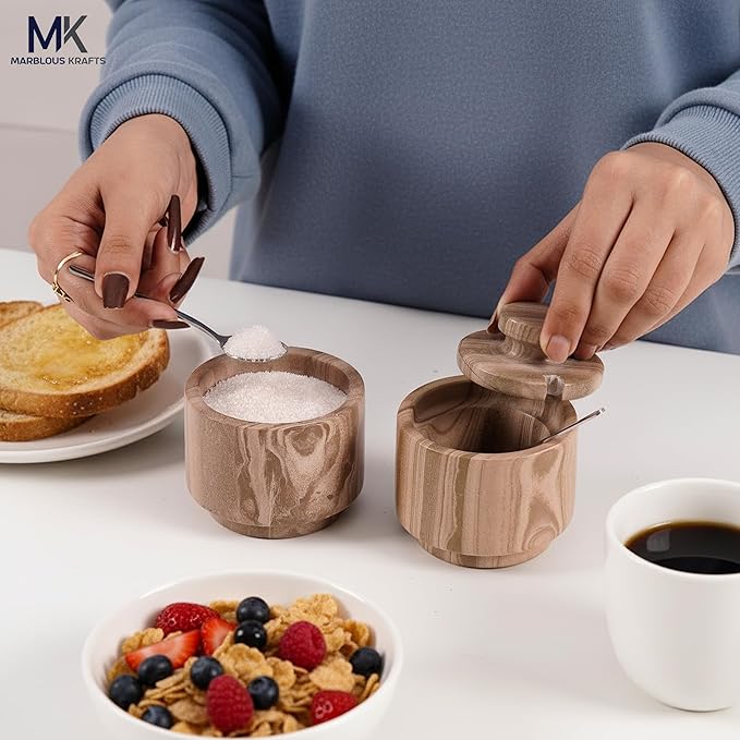 Marble Salt Cellar with Lid and Spoon 3" Inch Natural Brown Salt and Pepper Dish, Sugar and Salt Bowls Countertop, Coffee Container, Spice Jars, Candy Jar, Ideal Mother’s Day Gift for Mom