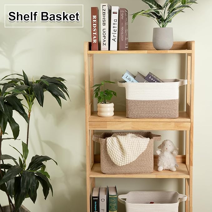 OIAHOMY Woven Storage Basket for Shelves, Rectangle Cotton Rope Baskets for Organizing, 13 x 10 x 9 in, Storage Bins for Dog Toys,Towel,Books,Gift,Flax Brown and White