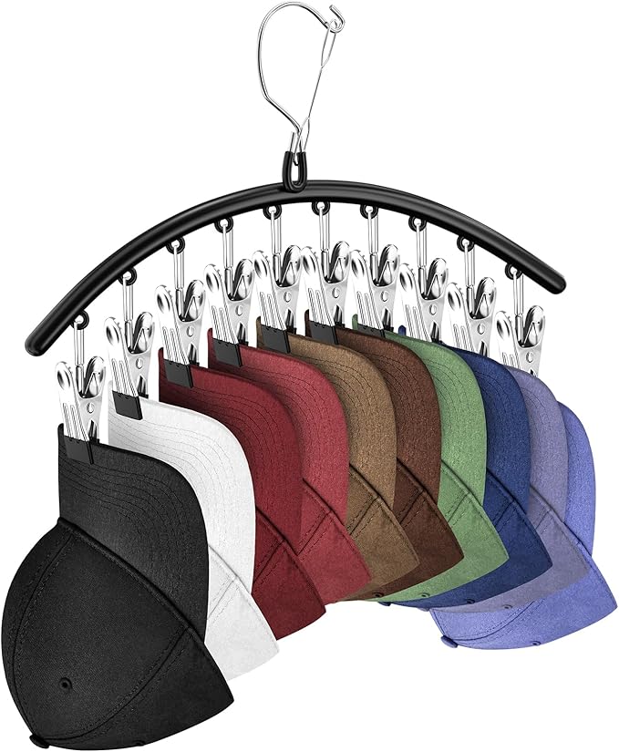 1 Pack Hat Hangers for Closet Display, Metal Hat Organizer for Baseball Caps with 10 Clips, Hats Rack Holder for Closet, Hats Storage for Baseball Caps Beanie Accessories Men Women, Black