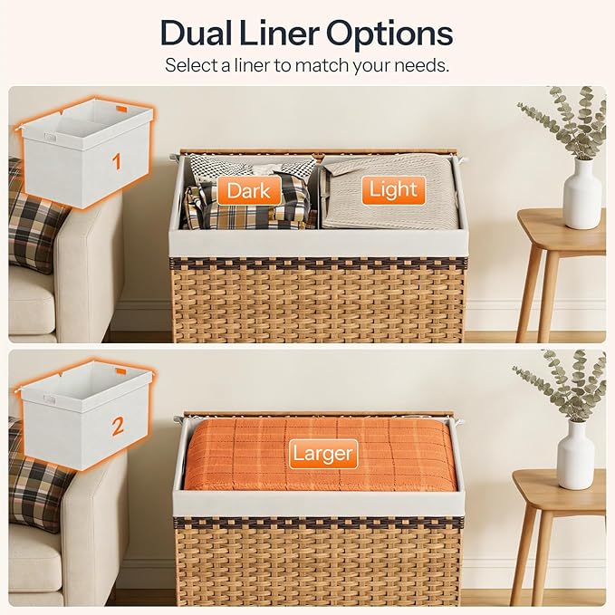 HOOBRO Storage Basket with Lid, 42.3 Gallon (160L) Wicker Storage Basket with 2 Separate Lid, Blanket Storage Bin with 2 Removable Liner Bags, for Bedroom, Laundry, Natural and Brown NL276CW01