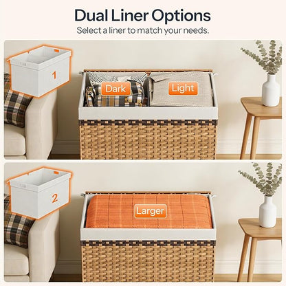 HOOBRO Storage Basket with Lid, 42.3 Gallon (160L) Wicker Storage Basket with 2 Separate Lid, Blanket Storage Bin with 2 Removable Liner Bags, for Bedroom, Laundry, Natural and Brown NL276CW01