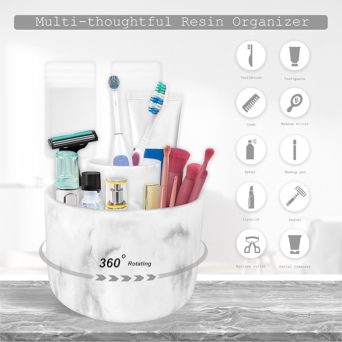 360° Rotate Makeup Brush Holder Organizer, Cosmetic Tool Storage Organizer, Cosmetic Display Case, Bathroom Toothbrush Holder, Office Desktop Storage Orgainzer, 4 Slot Resin White Marble, Smooth Spin