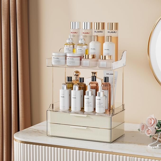 Delamu Bathroom Organizers and Storage, 2 Tier 2 Drawer Makeup Organizer Countertop, Easy to Install, Ideal for Bathroom Counter, Vanity, Ideal Gifts for Women Girls, Cream White