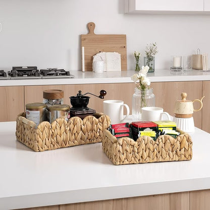 StorageWorks Toilet Paper Basket 2 Pack, Back of Toilet Basket with Wooden Handles, Small Wicker Decorative Scalloped Baskets for Organizing, Living Room Storage, Natural Water Hyacinth