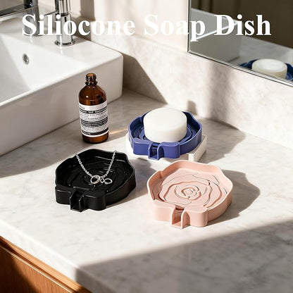 3PC Self-Draining Silicone Soap Dish, Soap Holder/Tray/Saver for Shower, Bathroom, Kitchen, Bathtub, Keep Soap Dry and Easy to Clean (Dark Color)