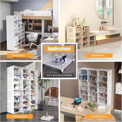 Portable Shoe Rack Organizer,Stackable 72 Pairs DIY Shoe Storage Cabinets Stand,White Plastic Closet Shoe Organizer With Transparent Cover,Dust-proof Shoe Rack Shelf Clear Foldable For Heels Boots