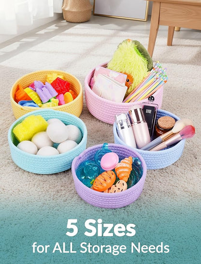 NiHome 5-Pack Round Cotton Rope Storage Baskets for Organizing, Cotton Rope Woven Bin Set in Assorted Sizes, Stackable Open Bins for Countertops, Shelves, Bedroom & Closet, Home Decor (Rainbow)