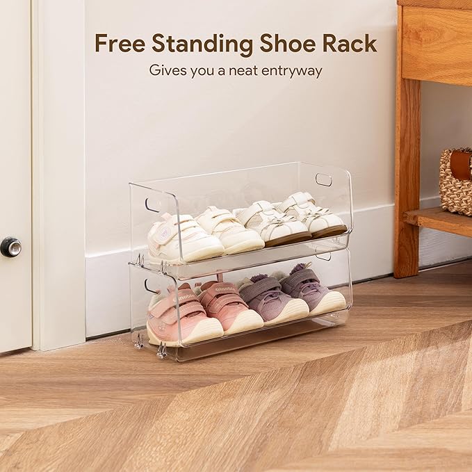 HBlife Clear Acrylic Kids Shoe Rack Baby Toddler Shoe Storage Organizer for Closet Floor Entryway Bedroom, 2 Tier Stackable Small Shoe Rack Shelf Display Stand