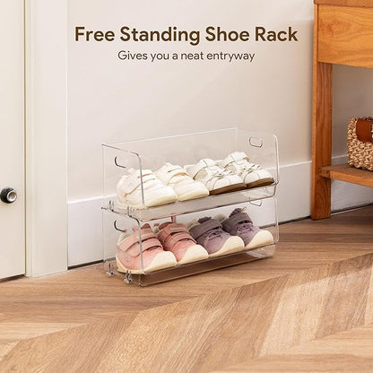 HBlife Clear Acrylic Kids Shoe Rack Baby Toddler Shoe Storage Organizer for Closet Floor Entryway Bedroom, 2 Tier Stackable Small Shoe Rack Shelf Display Stand