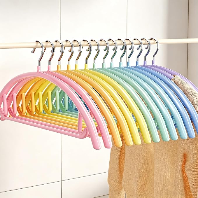 14 Pack Clothes Hangers, Curved No Shoulder Bump Sweater Hangers, Multi-Color Non-Slip Space Saving Heavy Duty Metal Hangers for Closet, Shirts, Pants, Coats, Jackets & Suits