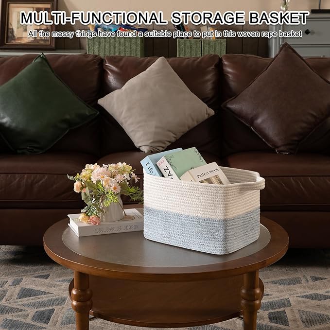 OIAHOMY Woven Storage Basket for Shelves, Rectangle Cotton Rope Baskets for Organizing, 13 x 10 x 9 in, Storage Bins for Dog Toys,Towel,Books,Gift,Blue and White