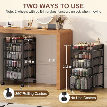 5-Tier Rolling Makeup Cart Organizer with 4 Drawers, Cosmetics Display with Dividers, Floor Skincare Storage with Wheels, Versatile Vanity Organizer for Nail Polish Perfume Brush Hair Tool, Black