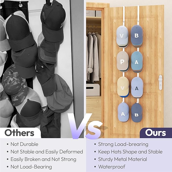 SWTYMIKI Over Door Hat Rack - 2 Packs Metal Hanging Hat Organizer with 8 Hooks Design, Baseball Cap Hanger Organizer Storage Holds up to 40 Caps for Door, Bedroom, Closet