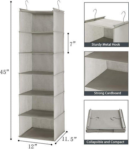 MAX Houser 6 Tier Shelf Hanging Closet Organizer, Closet Hanging Shelf with 2 Sturdy Hooks for Storage,2 Pack, Foldable (Light Grey)
