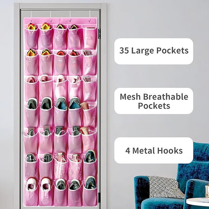 SAVERHO 35 Pockets Over the Door Shoe Organizer, Hanging Shoe Organizer for Door with 35 Mesh Pockets Large Capacity Shoe Hanging Storage Bag with 4 Metal Hooks (Pink-1Pack)