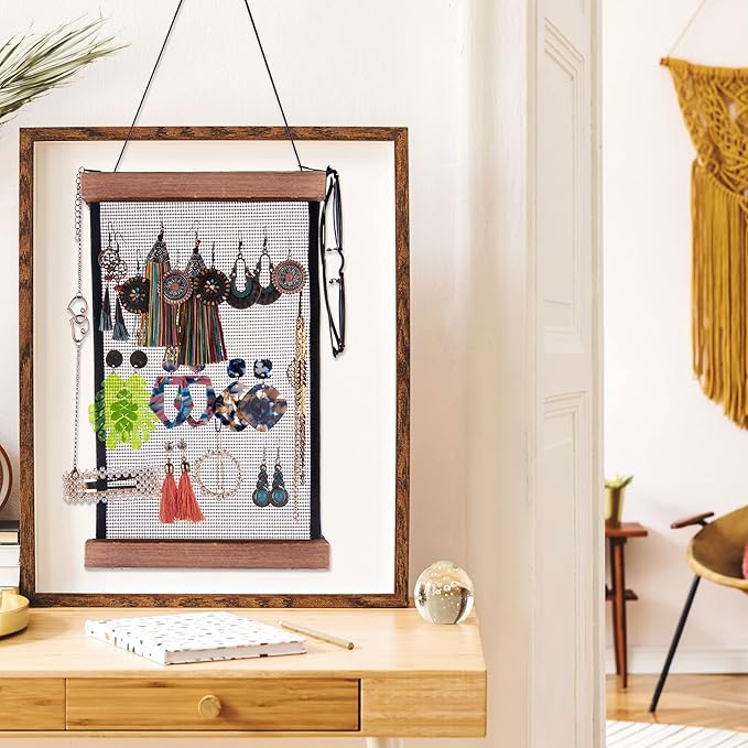 FEQO Mesh Earring Organizer Hanging Earrings Holder Wall Mounted Earring Hanging Jewelry Holder Organizer with 20 Pieces S Shape Black Hooks (12 x 7.2 inch)