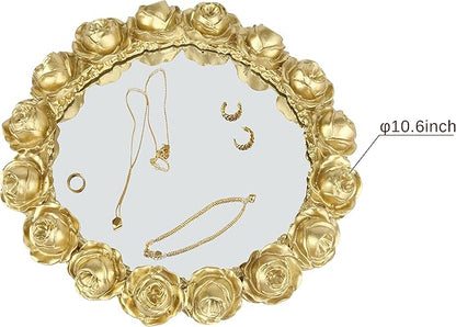 Vixdonos Decorative Round Mirror Tray Bathroom Vanity Tray with Gold Resin Rose for Perfume,Jewelry and Makeup