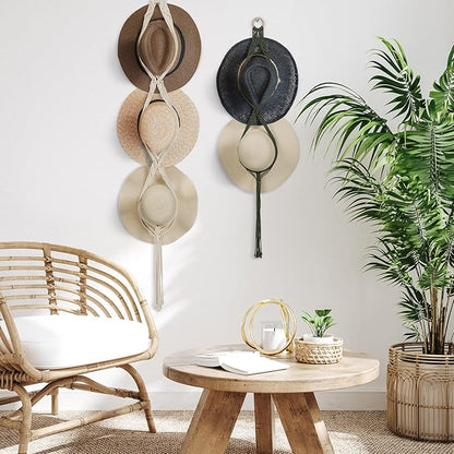 Maitys 5 Pcs Macrame Hat Hangers for Wall Cowboy Hat Holders Boho Wall Mount Hanging Rack Display Hand Weaving for Home Storage Western Decoration, 3 Sizes and Colors