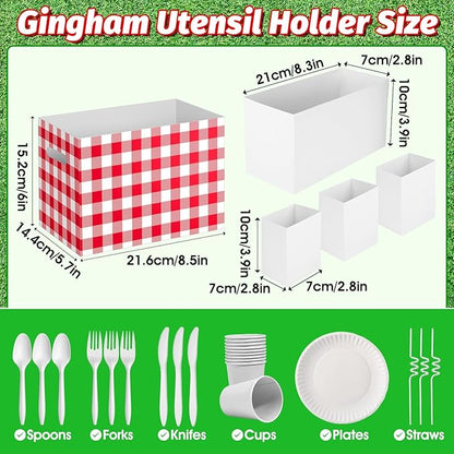 2PCS Red Gingham Utensil Holder Paper Utensil Caddy for Gingham Party Supplies Disposable Cutlery Holder with Handles Party Favors Cutlery Caddy for Red and White Checkered Birthday Decorations