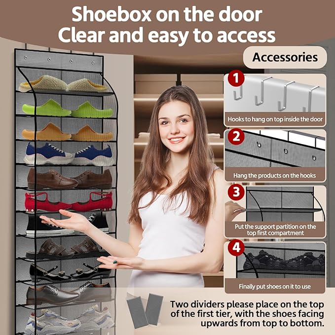 PAULONE 12 Pocket Over the Door Shoe Organizer,Reusable Breathable Large Mesh Bag Men's & Women's Sneaker Organizer,Shoe Organizer for Kids,Hanging Shoe Storage Hanging Bag (Grey)