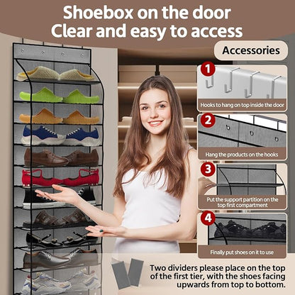 PAULONE 12 Pocket Over the Door Shoe Organizer,Reusable Breathable Large Mesh Bag Men's & Women's Sneaker Organizer,Shoe Organizer for Kids,Hanging Shoe Storage Hanging Bag (Grey)
