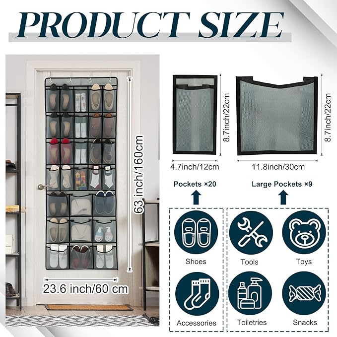 Chunful Extra Large 29 Pockets Over the Door Shoe Organizer 20 Regular 9 Large Breathable Mesh Pockets Hanging Shoe Rack Organizer for Bedroom Bathroom Closet Door Shoes Toys Accessories(Gray)