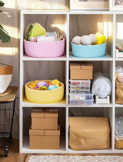 NiHome 5-Pack Round Cotton Rope Storage Baskets for Organizing, Cotton Rope Woven Bin Set in Assorted Sizes, Stackable Open Bins for Countertops, Shelves, Bedroom & Closet, Home Decor (Rainbow)