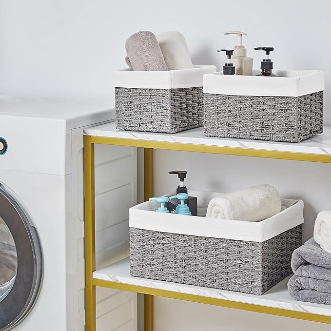 Vagusicc Wicker Basket, Set of 3 Hand-woven Storage Baskets for Organizing, Decorative Rectangle Wicker Storage Basket Bins with Handles, Small Toilet Paper Storage Baskets for Shelves & Decor, Grey