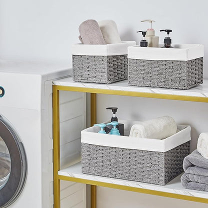 Vagusicc Wicker Basket, Set of 3 Hand-woven Storage Baskets for Organizing, Decorative Rectangle Wicker Storage Basket Bins with Handles, Small Toilet Paper Storage Baskets for Shelves & Decor, Grey