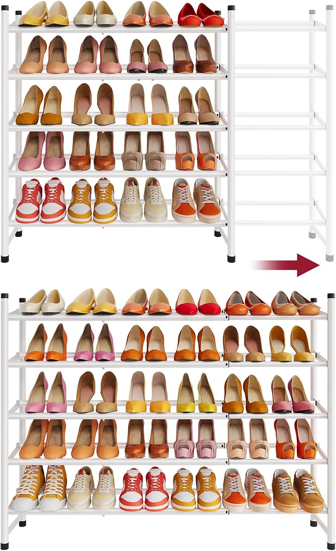 Tajsoon Expandable Shoe Rack for Closet 5 Tier, 29“-41“Adjustable & Stackable Shoe Shelf Storage, Metal Shoe Rack Organizer for Front Door Entrance, Closet, Garage, Entryway, White