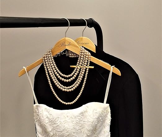NAHANCO BG20017 Bridal Hanger Set, Natural Wood Hangers with Black Imprint (Bride and Groom), 17” (2 Piece Set)