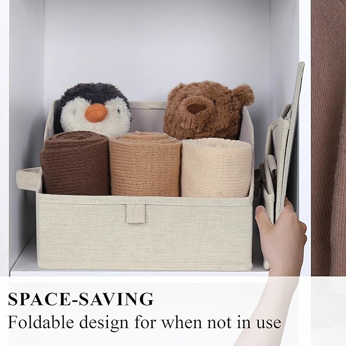WUIKE Trapezoid Storage Bins for Closet Organizers and Storage, Fabric Closet Bins with Handles, Foldable Storage Baskets for Clothes, Purse, Blanket, Line Beige, Large, 3-Pack