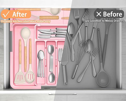Spaclear Silverware Organizer Expandable Kitchen Utensil Drawer Organizer Large BPA Free Adjustable Cutlery Silverware Tray for Spoons Forks Knives Storage Divider for Kitchen Flatware 6-9 Slots Pink