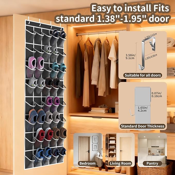 Over the Door Shoe Organizer with 40 Large Pockets, Multi-Purpose Storage for Shoe and Accessories, Durable Fabric with Adjustable Hooks for Home Closet Bedroom Entryway-Black