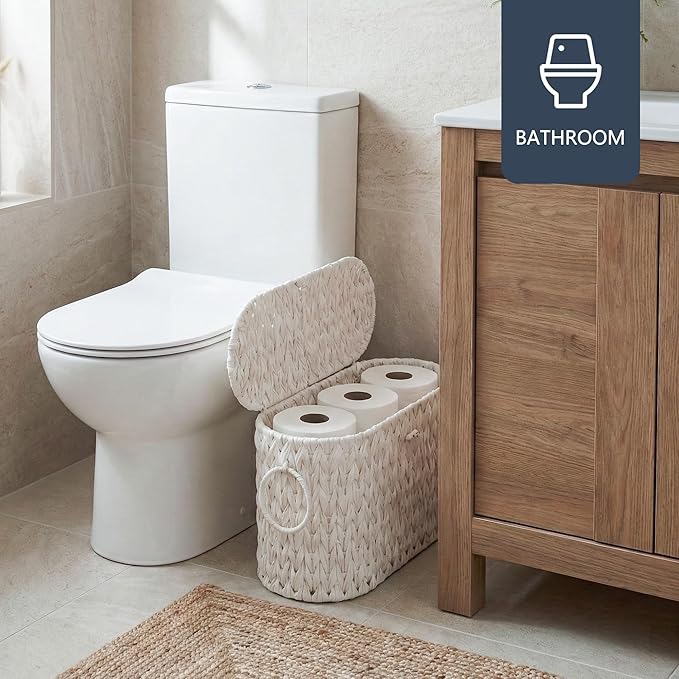 Coeusy Toilet Paper Basket,Wicker Toilet Paper Storage with Lid,Decorative Boho Wicker Basket for Bathroom,Free Standing-Cream White