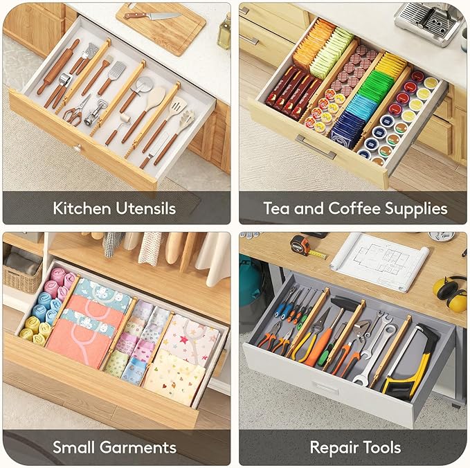 Lifewit 2.36" High 5 Pack Bamboo Drawer Dividers, 14.2-22" Expandable Kitchen Drawer Dividers, Adjustable Drawer Dividers for Clothes, Drawer Separators for Dresser, Kitchen, Bedroom, Bathroom