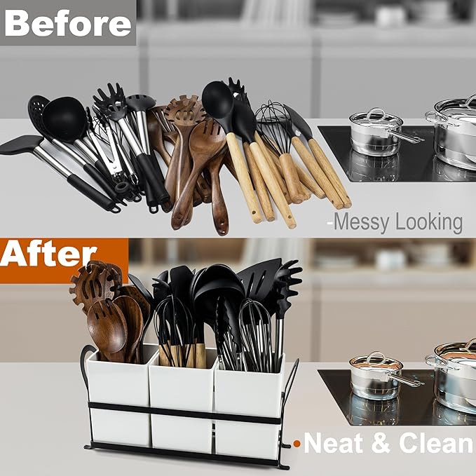 Czlizdyt Large Kitchen Utensil Holder, Drainage Utensil Caddy for Countertop, 3pcs Bins Set Cooking Utensil Organizer for Spoons, Spatulas, White