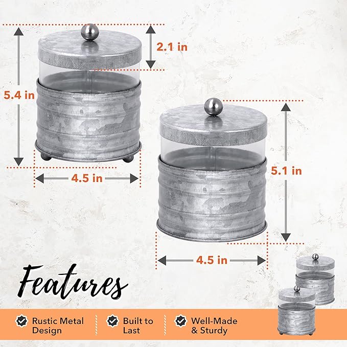 Autumn Alley Galvanized Bathroom Apothecary Jars Set, Farmhouse Bathroom Jars Qtip Holder Glass Dispenser- Rustic Vanity Organizer with Lids for Cotton Balls, Swabs, Rounds, Bath Salts 2-Glass Jars